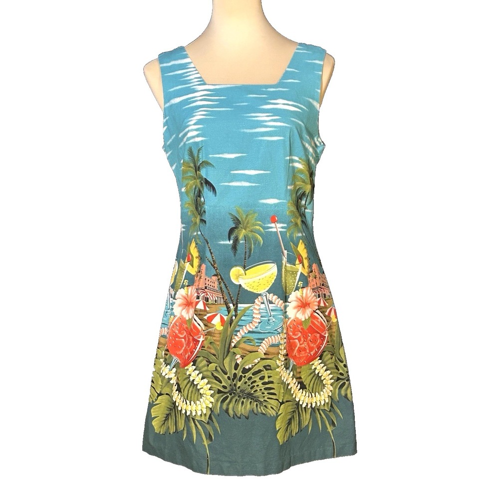 Vintage Shannon Marie HAWAIIAN Sleeveless Dress Blue Floral Tiki Resort